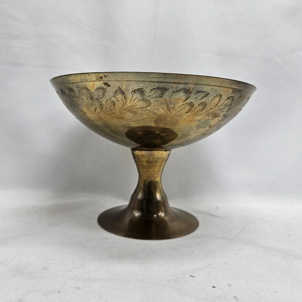 VINTAGE  ZY India World Gift‎ Brass Footed Pedestal Bowl BRASS ETCHED